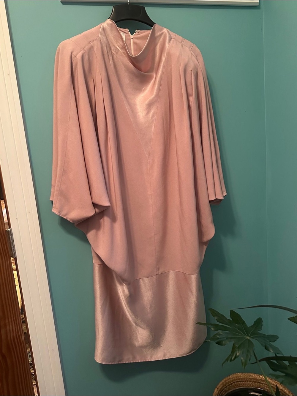 Lillie Rubin Blush Pink Satin-Blend Midi Dress with Draped Sleeves